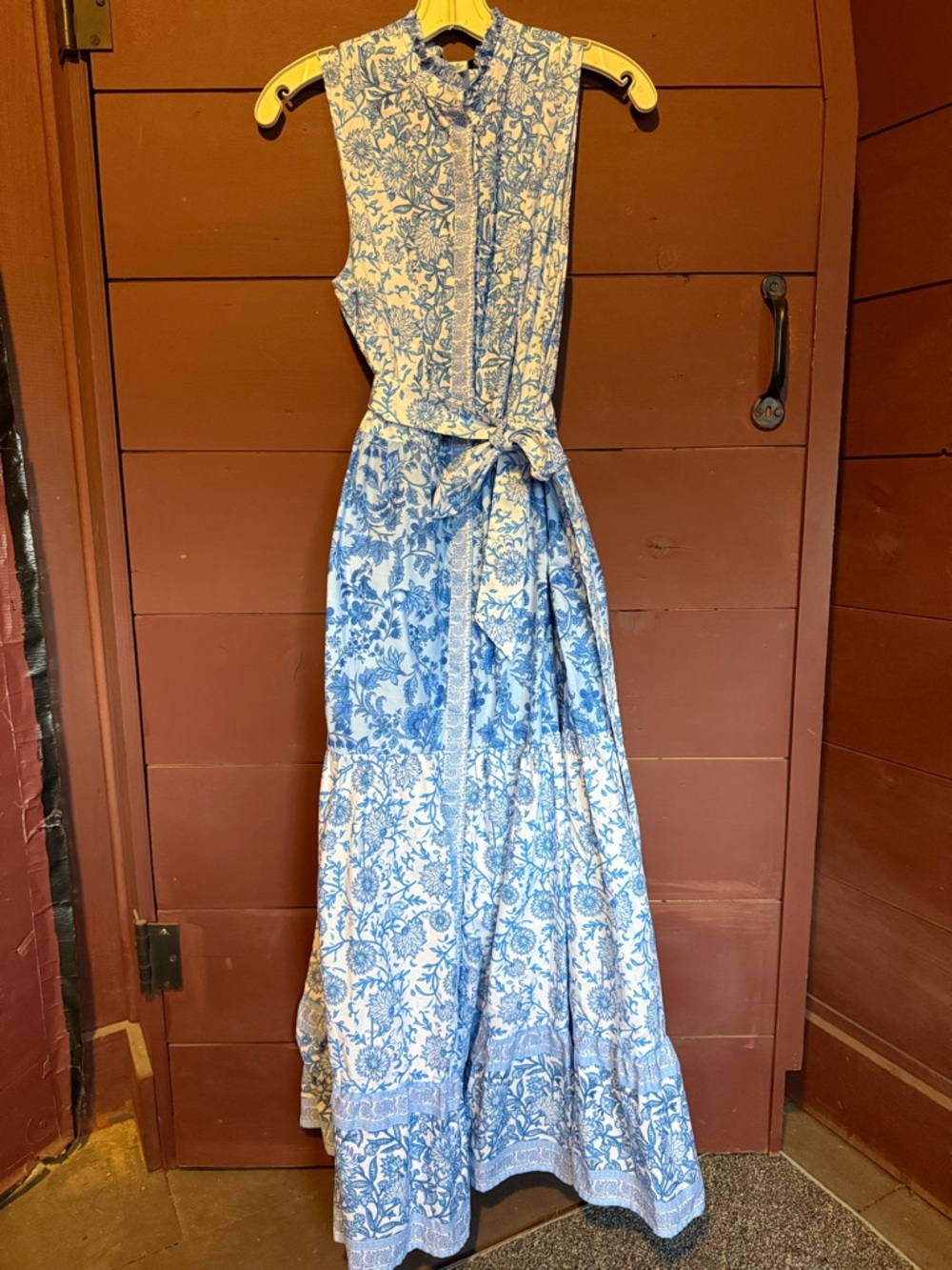 CeCe Blue and White Floral Maxi Dress with Self Tie